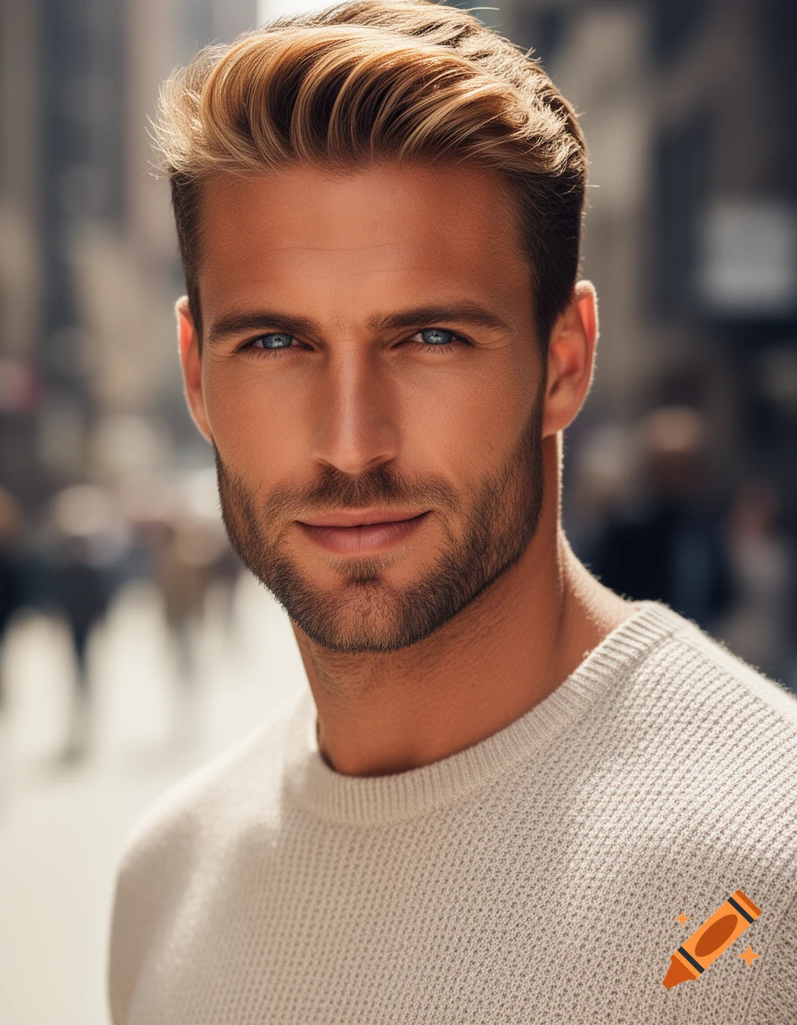 Close-up photorealistic portrait of a handsome man with blonde hair, a short beard, and blue eyes, wearing a light-colored sweater.