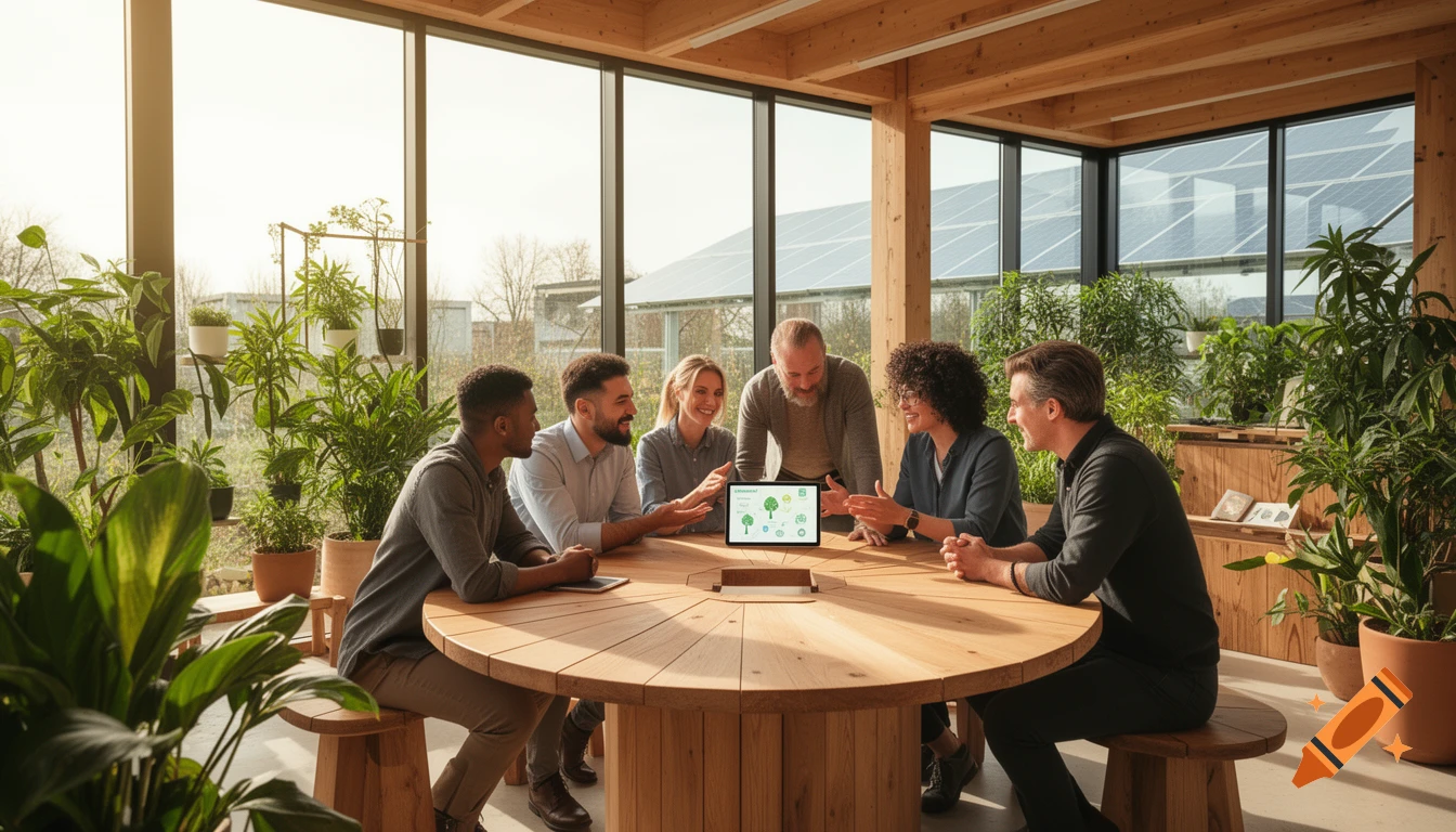 Diverse team in a modern, plant-filled office with large windows overlooking solar panels, discussing content on a tablet.