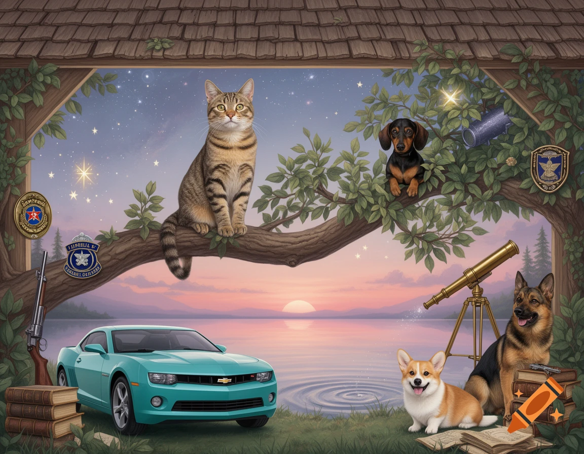 An illustrative landscape features a cat on a tree branch, a teal Chevrolet Camaro by a lake, and several dogs including a dachshund, corgi, and German Shepherd. A telescope and books are visible at sunset, with stars in the sky and military-style badges on the tree.