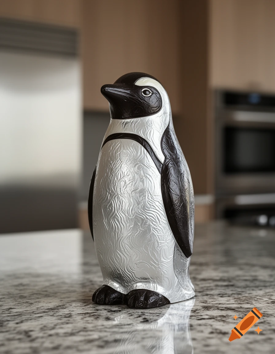 A photorealistic silver and black chocolate penguin statue stands on a speckled countertop in a kitchen.