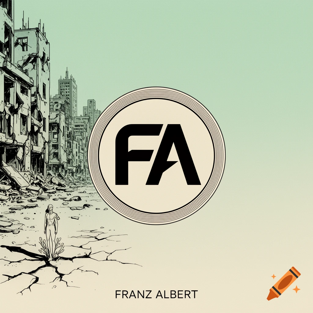 A minimalist graphic novel style album cover. A human silhouette rises from cracked earth near a ruined city with a "FA" emblem and "FRANZ ALBERT" text.