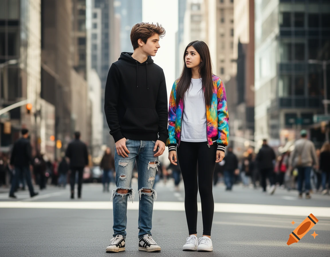 Two teenagers, a boy in a black hoodie and ripped jeans and a girl in a colorful jacket, stand on a city street.