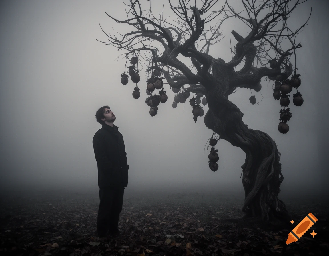 A man gazes up at a gnarled tree with hanging dark pods in a misty, melancholic setting.