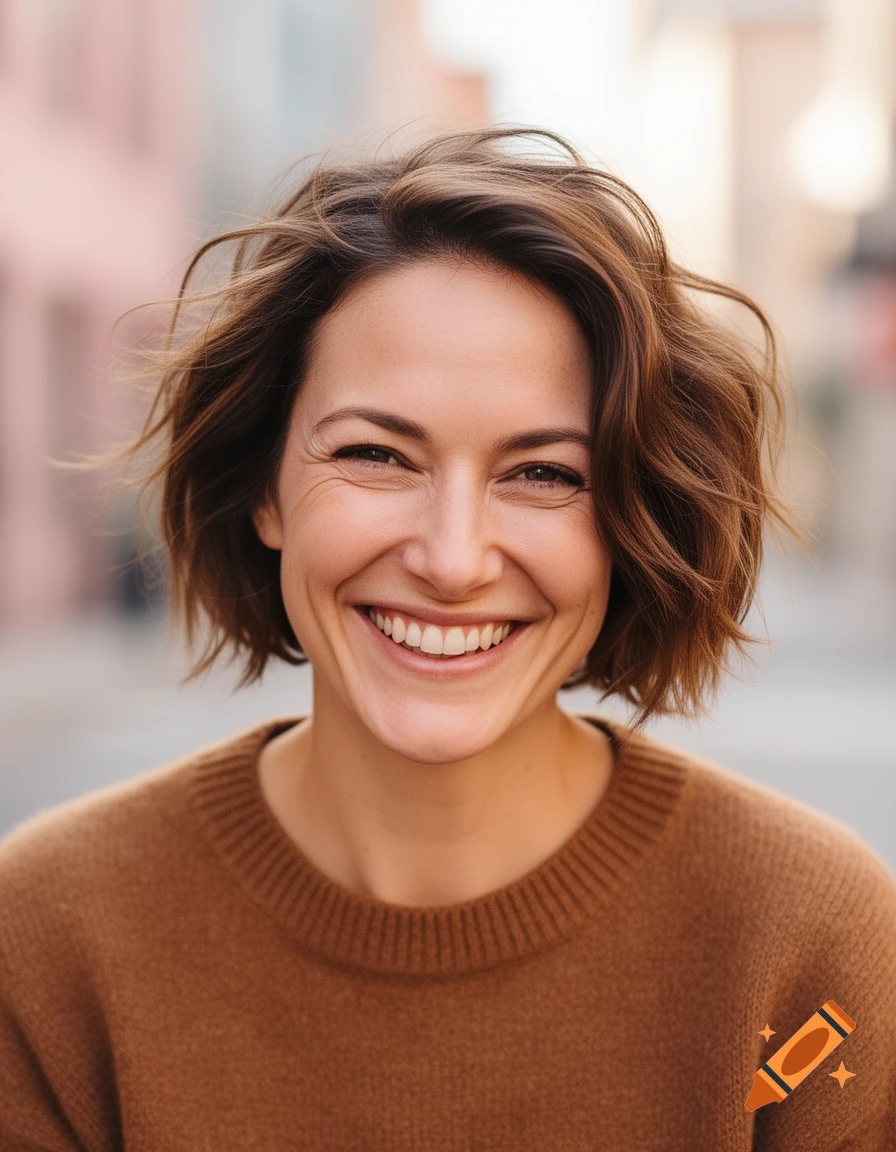 Photorealistic portrait of a smiling woman with short, messy brown hair, wearing a brown sweater, outdoors.