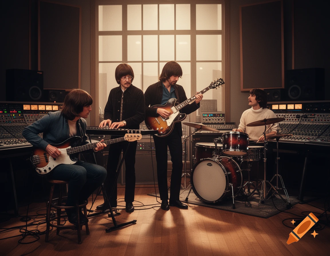 A photorealistic image of a four-piece band resembling The Beatles playing instruments in a recording studio.