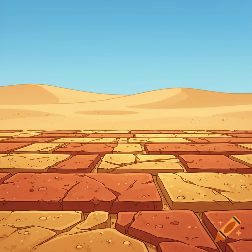 A cartoon desert landscape features a ground made of brown and yellow textured bricks leading to sand dunes under a clear blue sky.