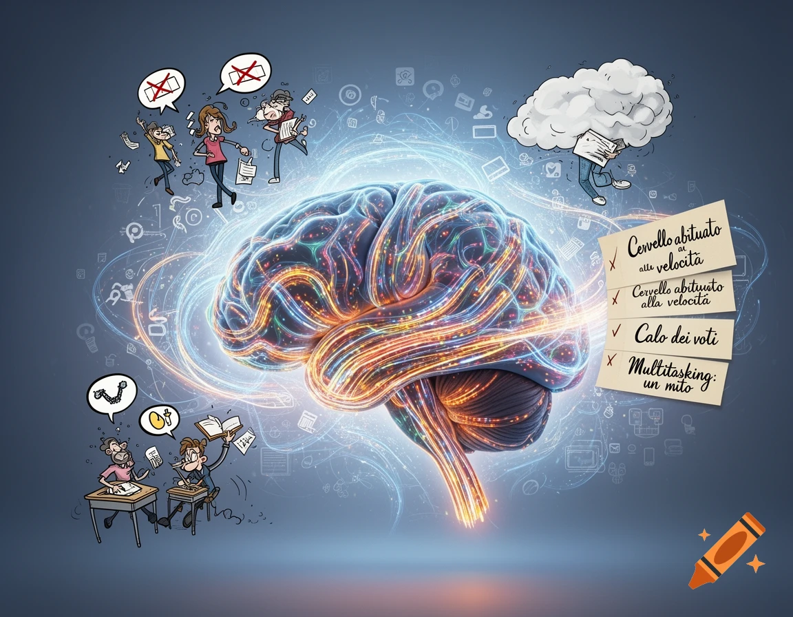 Illustration of a glowing brain surrounded by light trails, with cartoon people struggling with studies, and notes about brain speed and multitasking.