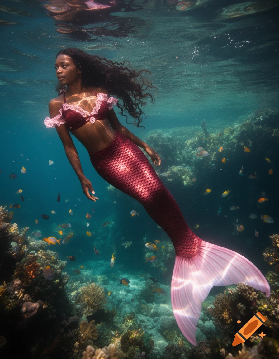 An African American mermaid with a claret red top and pink-tipped tail swims in clear blue water surrounded by coral and fish.