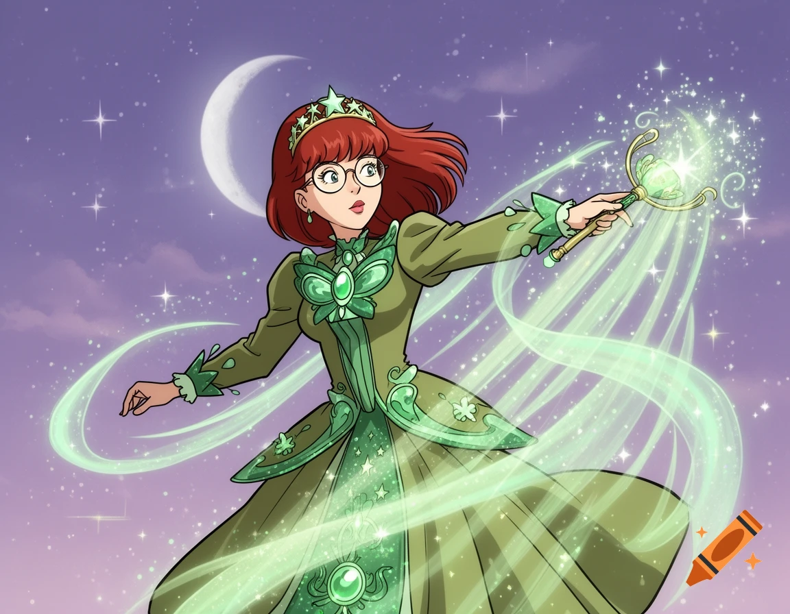 Anime magical girl with red hair and glasses in a green dress, casting magic with a glowing staff under a crescent moon and starry sky.