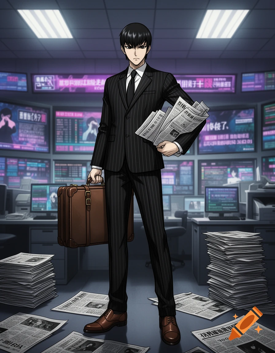 An anime man in a pinstripe suit stands in a control room, holding a briefcase and newspapers, with many screens and newspaper piles around him.