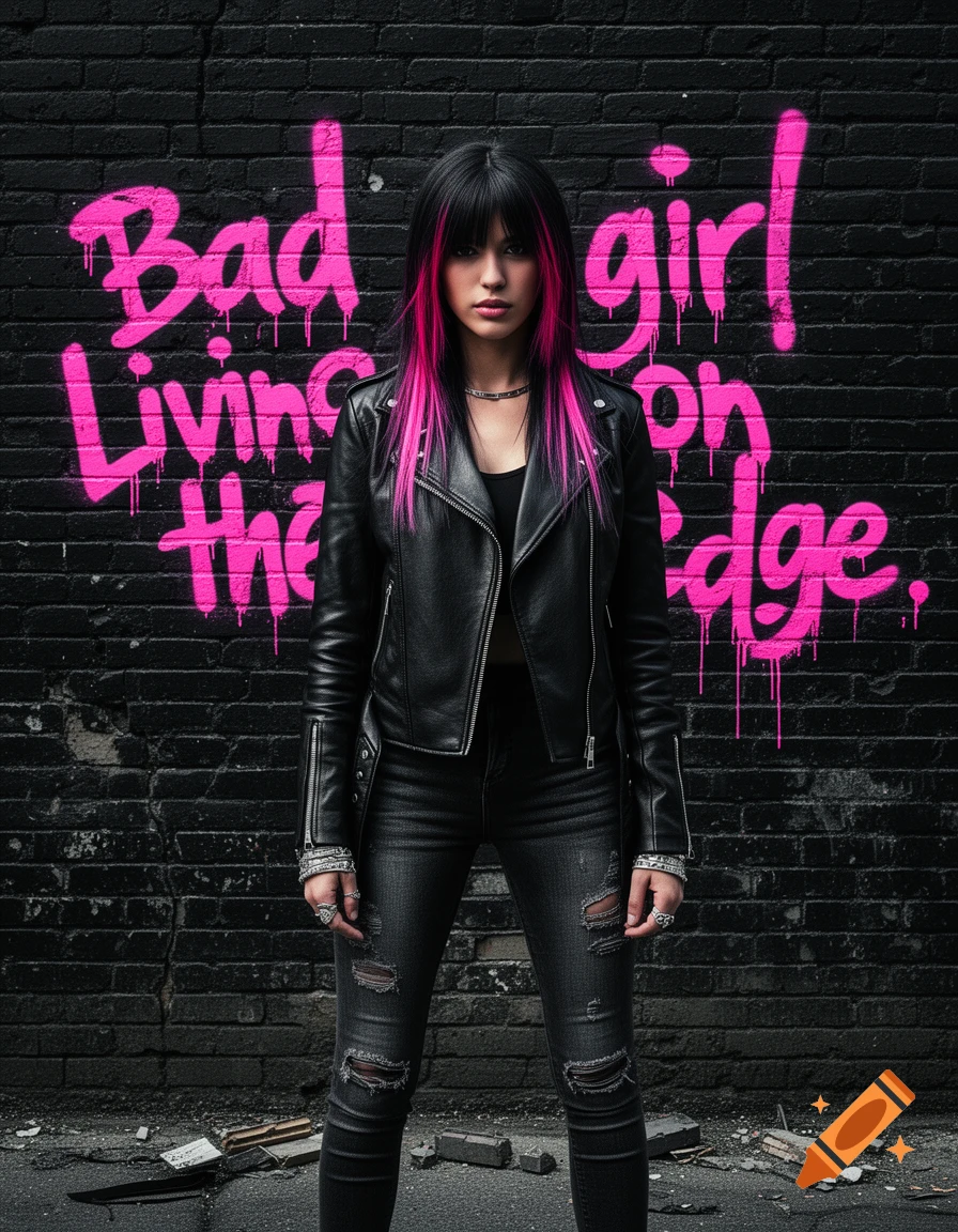 A woman with pink and black hair in a leather jacket and ripped jeans stands against a graffiti wall with 'Bad girl Living on the Edge'.
