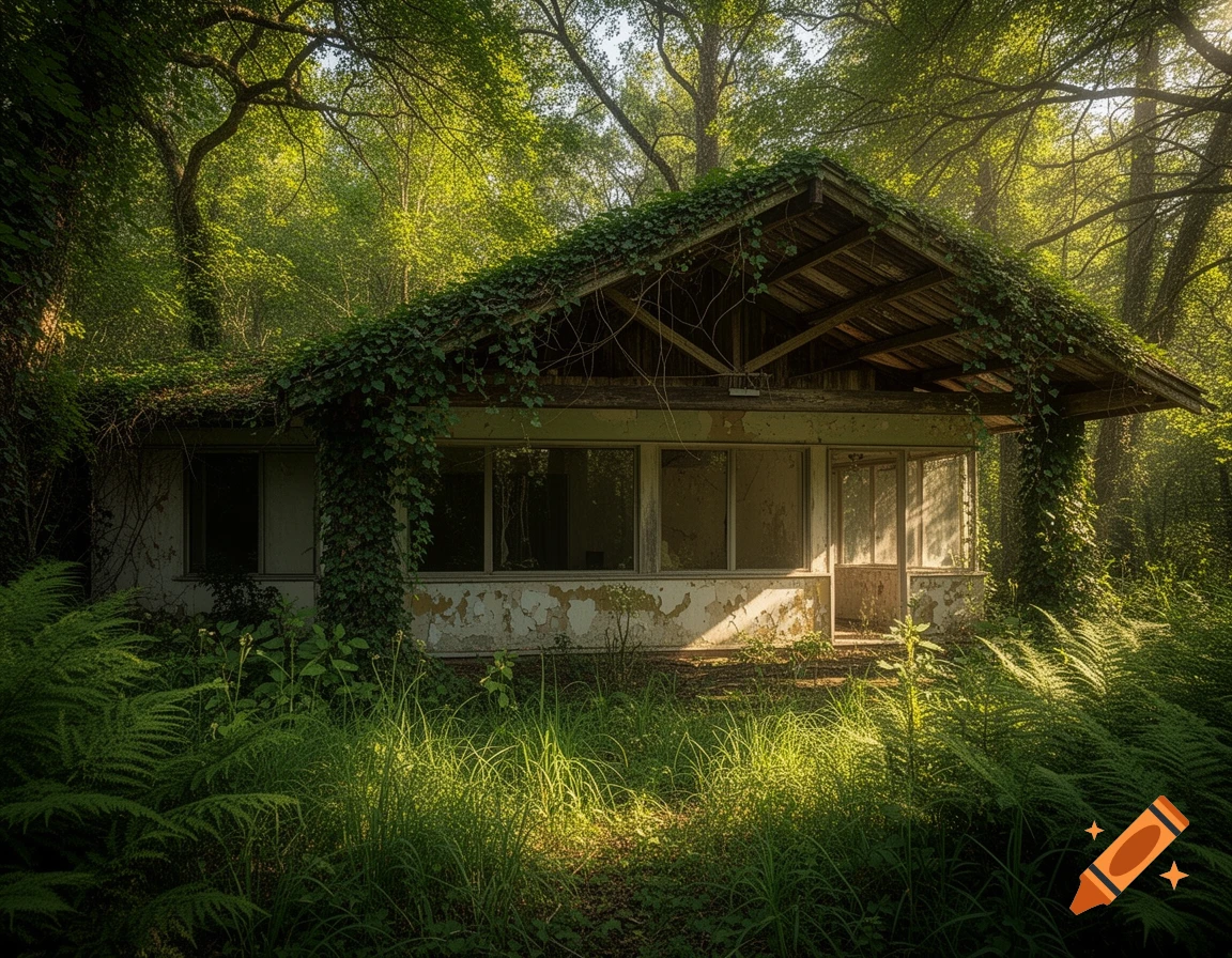 An old, abandoned bungalow house overgrown with ivy and dense green foliage in a sunlit forest.