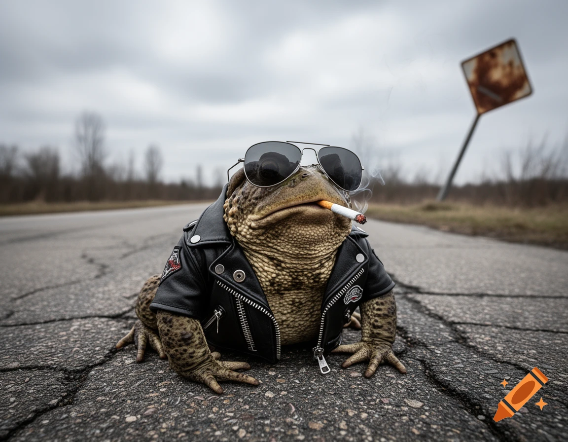 A toad wearing a black leather biker jacket and aviator sunglasses, smoking a cigarette on an asphalt road.