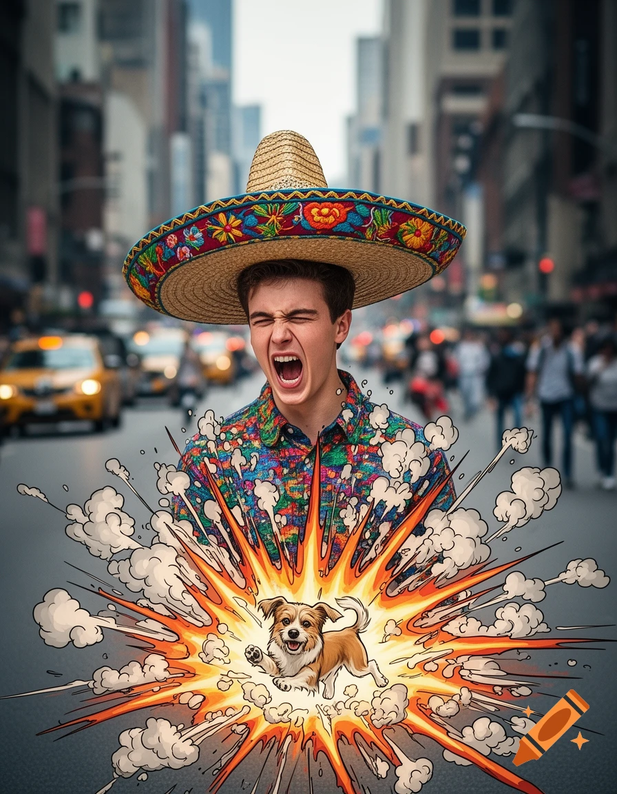 A young man in a sombrero screams as a cartoon explosion with a happy dog bursts from his chest in a city street.