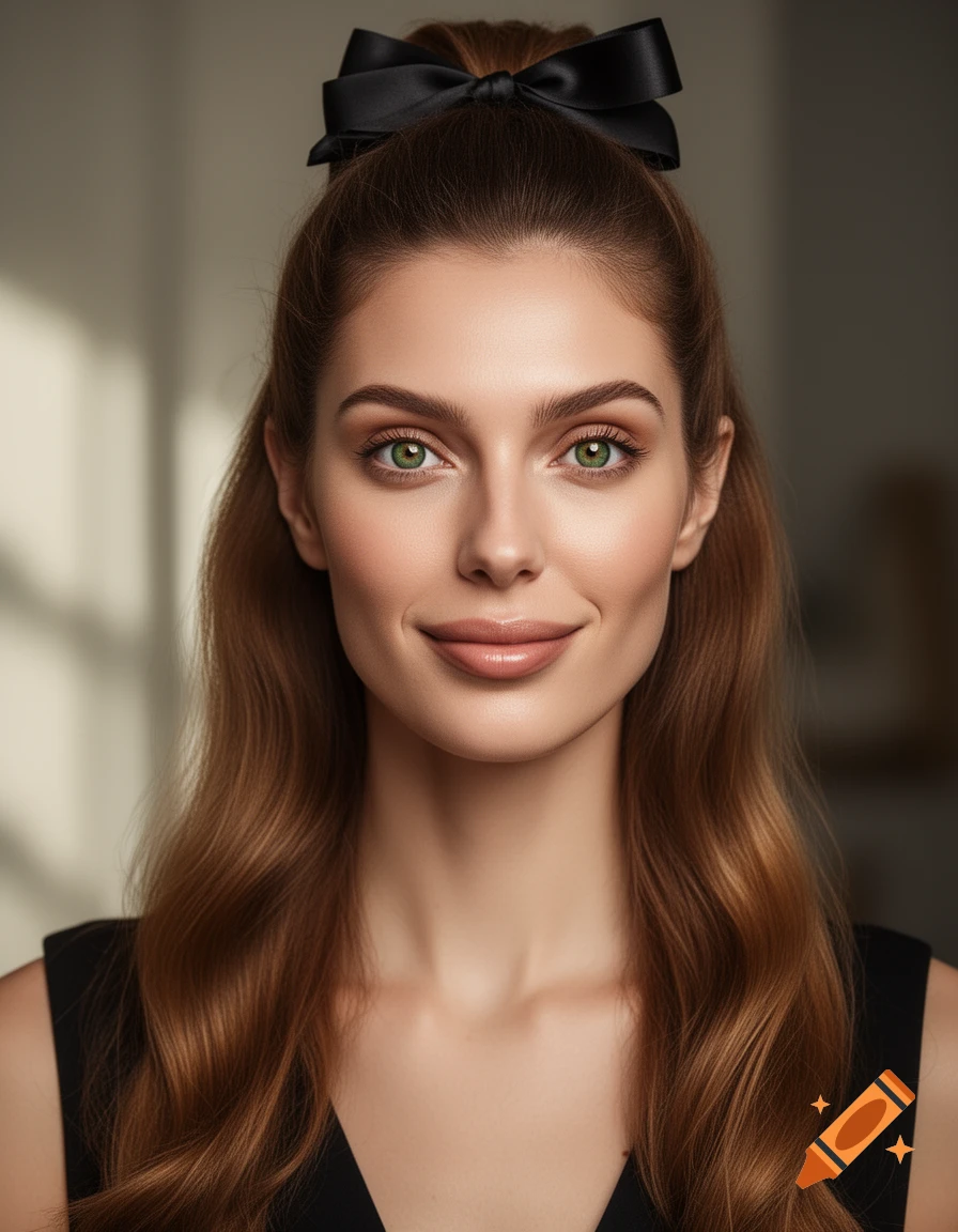 A photorealistic portrait of a woman with green eyes, bronze hair tied with a black bow, and a slight smile.
