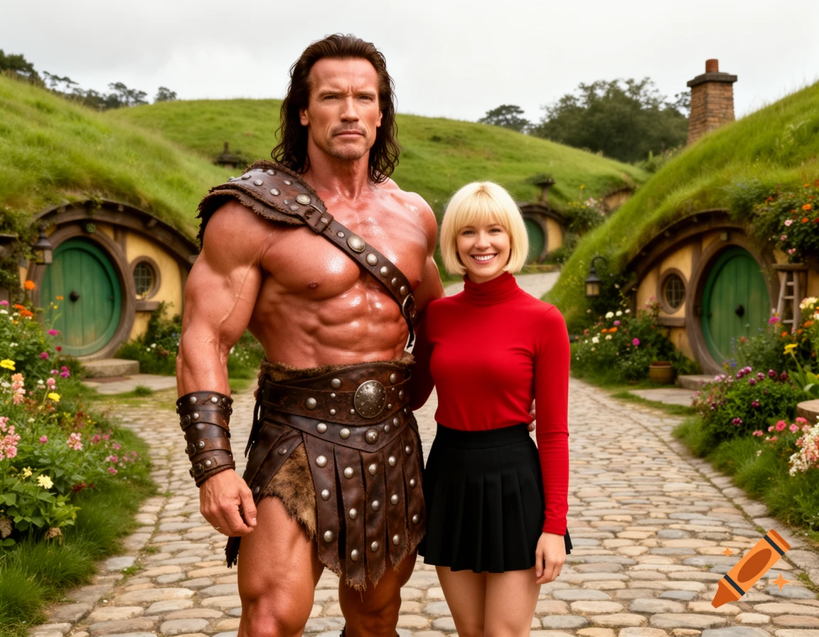 Arnold Schwarzenegger as Conan the Barbarian and a smiling blonde woman in a red turtleneck stand on a path in The Shire.