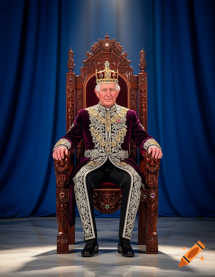 King Charles III in an ornate purple and gold robe and crown sits on a carved wooden throne against a blue backdrop.