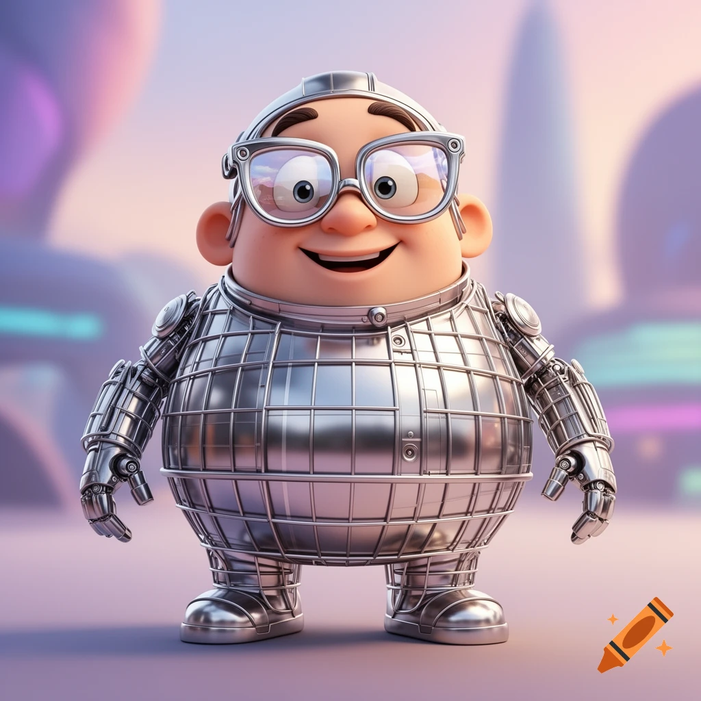 A smiling cartoon character, Carl Wheezer, in large glasses and a shiny silver metallic robot suit, stands against a pastel futuristic background.