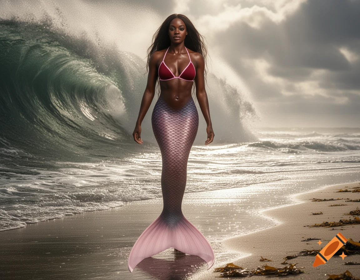 An African American mermaid with a red bikini top and a shimmering pink tail stands on a sandy beach with a large breaking wave behind her.