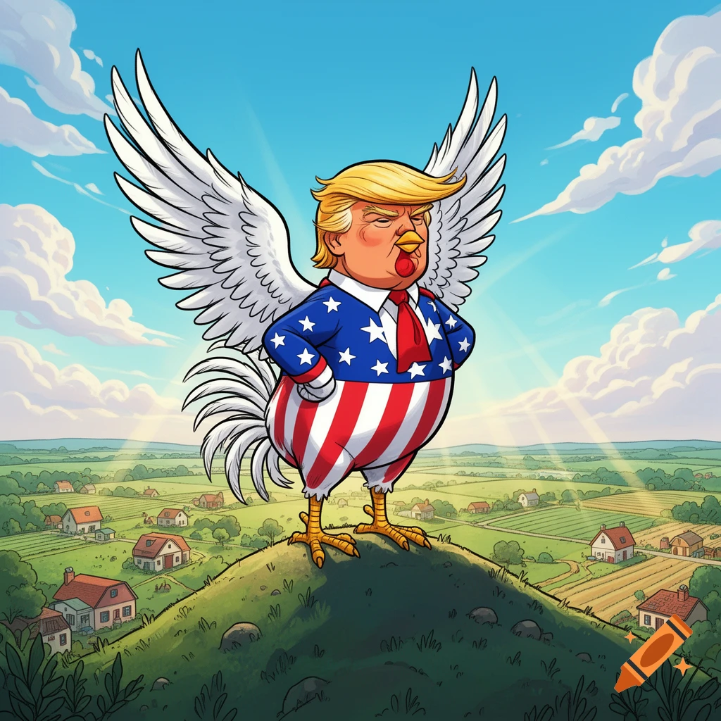 Cartoon illustration of Donald Trump as a chicken wearing an American flag suit, standing on a hill overlooking a rural landscape.