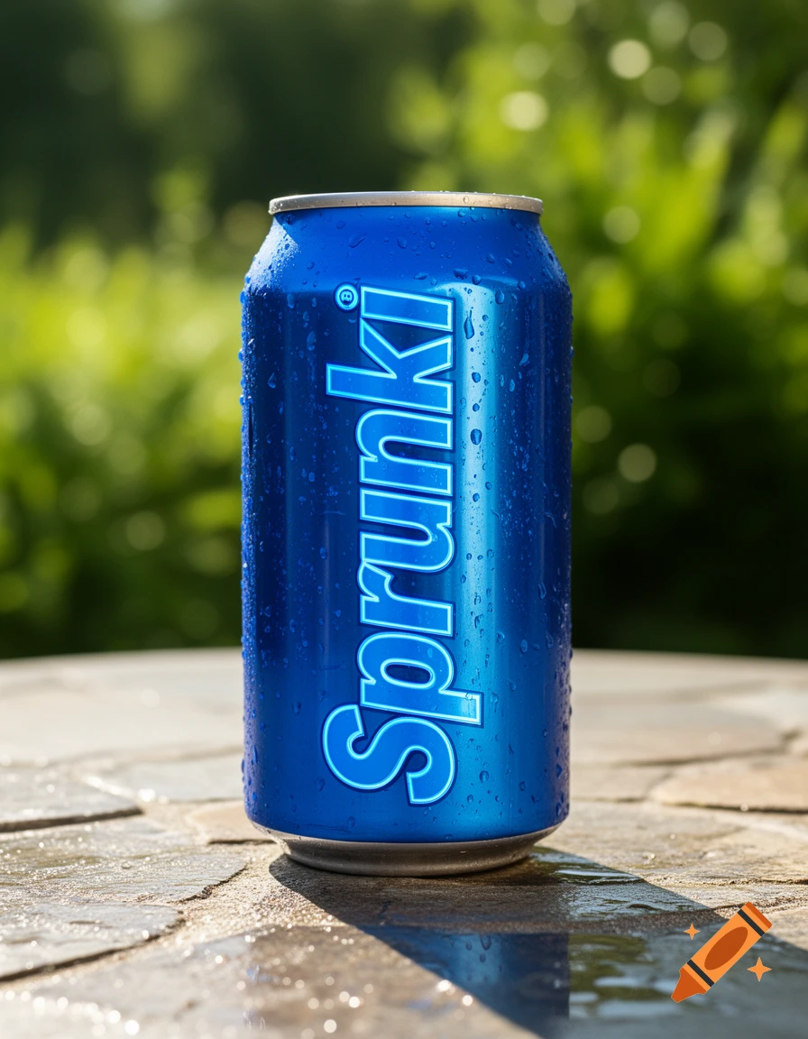 A wet blue soda can labeled 'Sprunki' sits on a stone table outdoors, with a blurry green background.