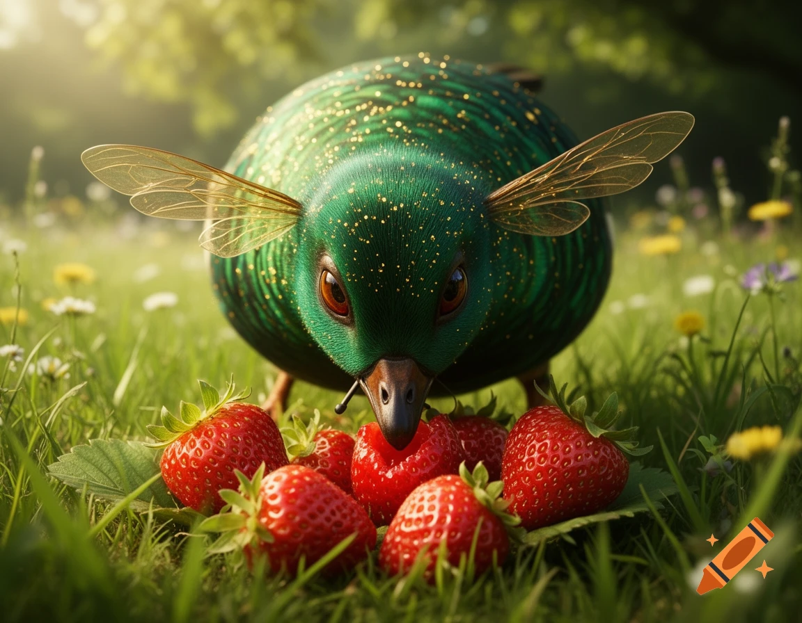 A photorealistic green bee-goose with glittery feathers and insect wings eats strawberries in a sunny grassy field.