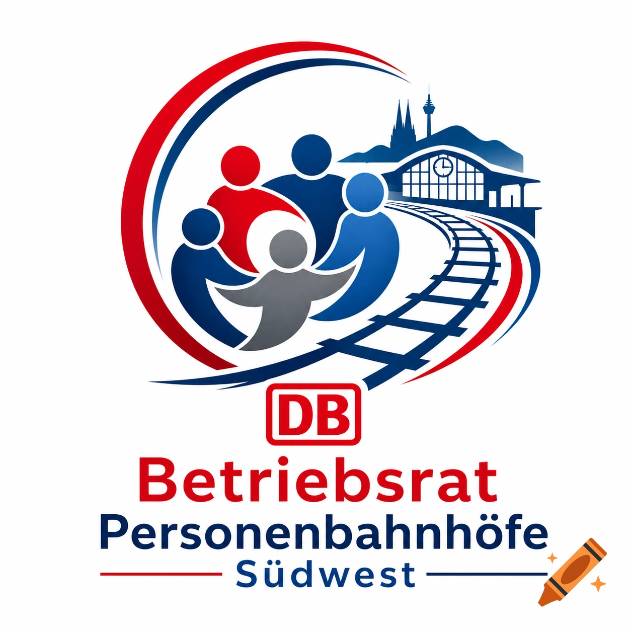Logo for DB Betriebsrat Personenbahnhöfe Südwest, featuring stylized people, a train station, and tracks within red and blue arcs.