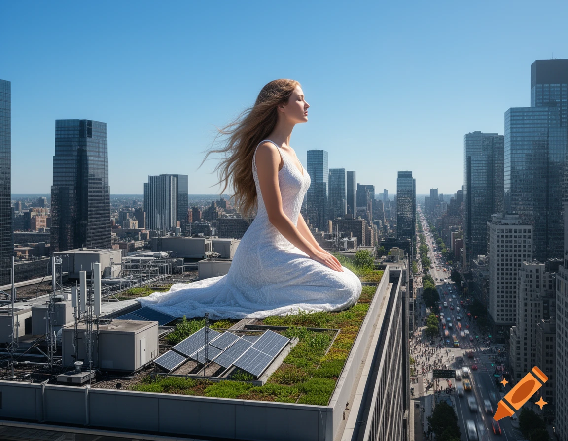 A giantess in a white dress kneels on a green rooftop overlooking a busy city street, with skyscrapers under a clear blue sky.