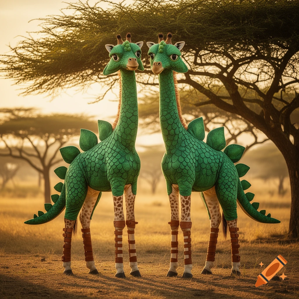 Two giraffes wearing green dinosaur costumes stand in a savanna at sunset.