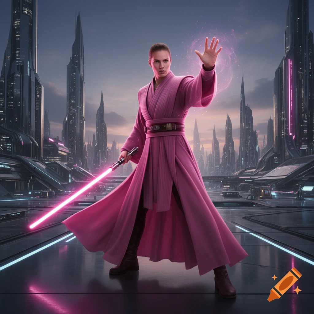 Photorealistic depiction of a figure in a pink robe holding a pink lightsaber, hand raised, against a futuristic city.