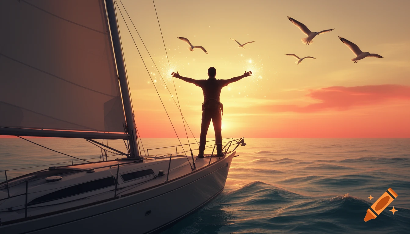 Silhouetted person with arms spread wide on a sailboat at golden hour, seagulls fly as sparks emanate from hands on the ocean.
