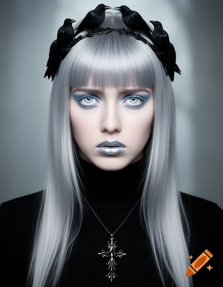 Photorealistic portrait of a woman with long silver hair, blue eyes, silver lipstick, a headband with black crows, and a gothic cross pendant.