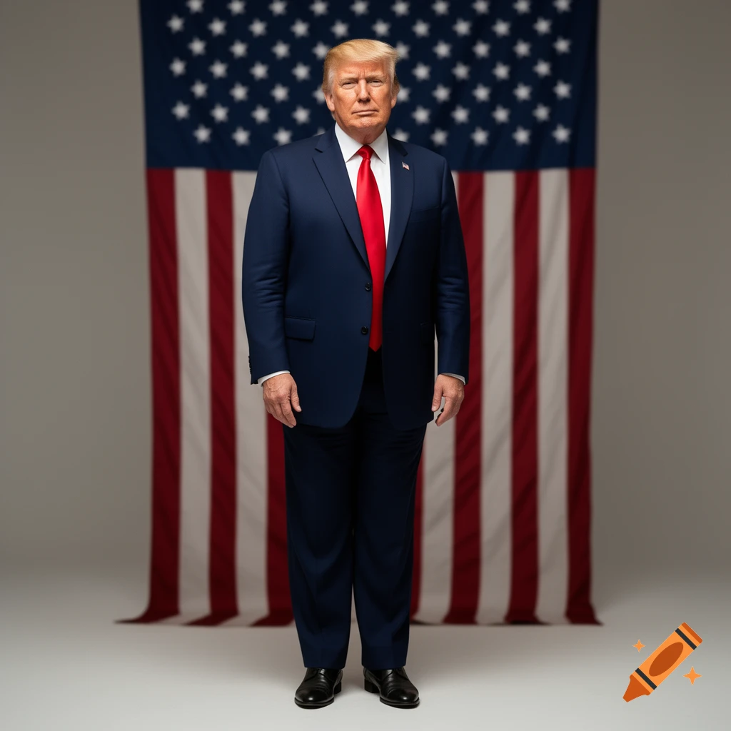 Donald Trump stands in a navy suit and red tie against a large American flag in a photorealistic portrait.