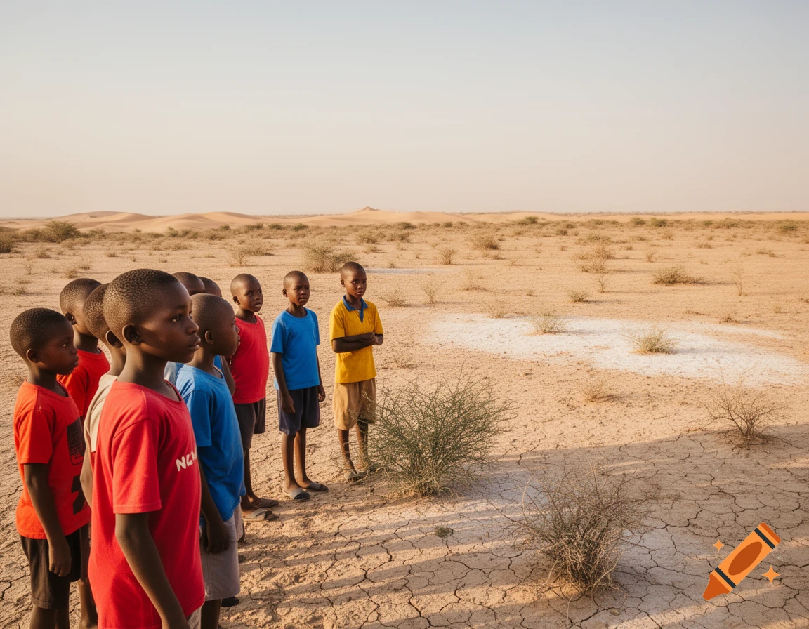 A group of young African boys in colorful shirts stand in a dry, cracked desert with small bushes and distant dunes under a hazy sky.