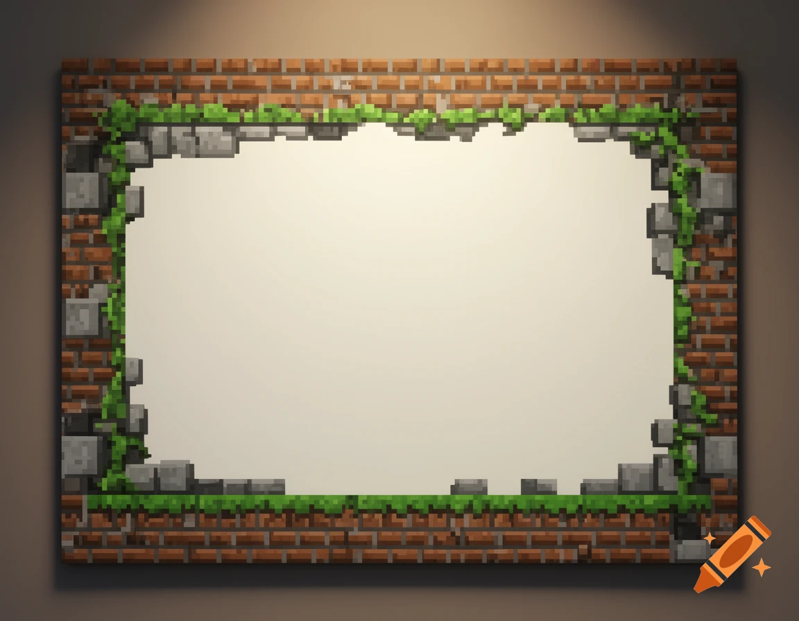 Minecraft-style frame of brick and stone blocks with green vines, surrounding a blank light-colored space on a dark wall.