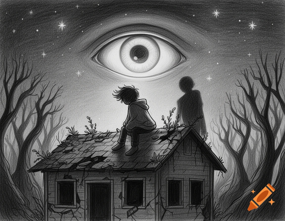 Pencil sketch of a kid on a ruined house roof at night, watched by a giant eye in the sky, with a standing shadow and crooked forest.