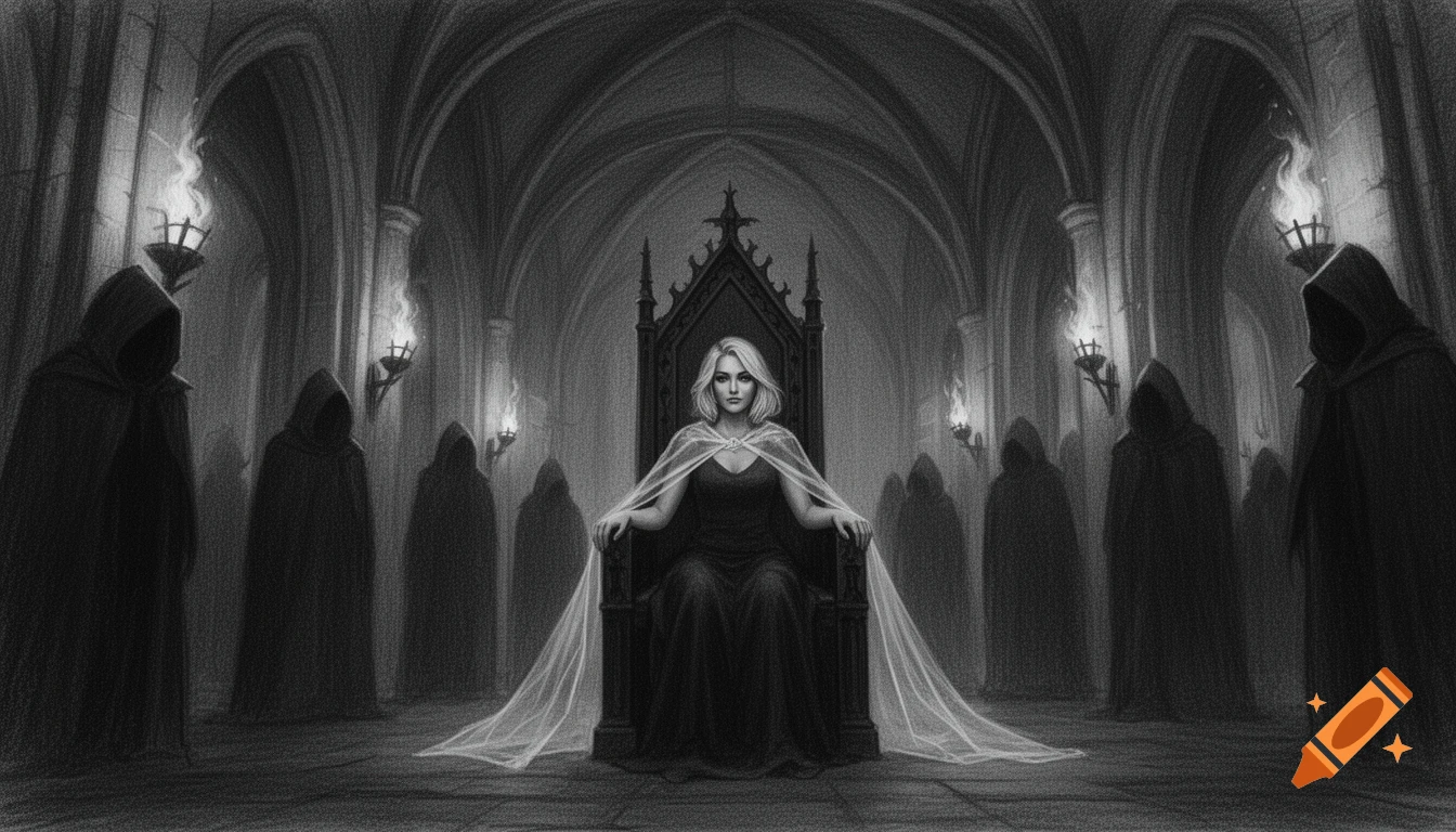 Monochrome charcoal drawing of a blonde woman on a dark throne in a gothic cathedral, surrounded by shadowy hooded figures and torchlight.