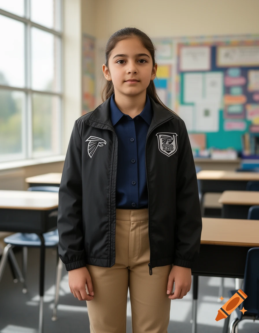 A photorealistic portrait of a young girl wearing a black windbreaker with logos, a navy blue shirt, and tan pants, standing in a classroom.