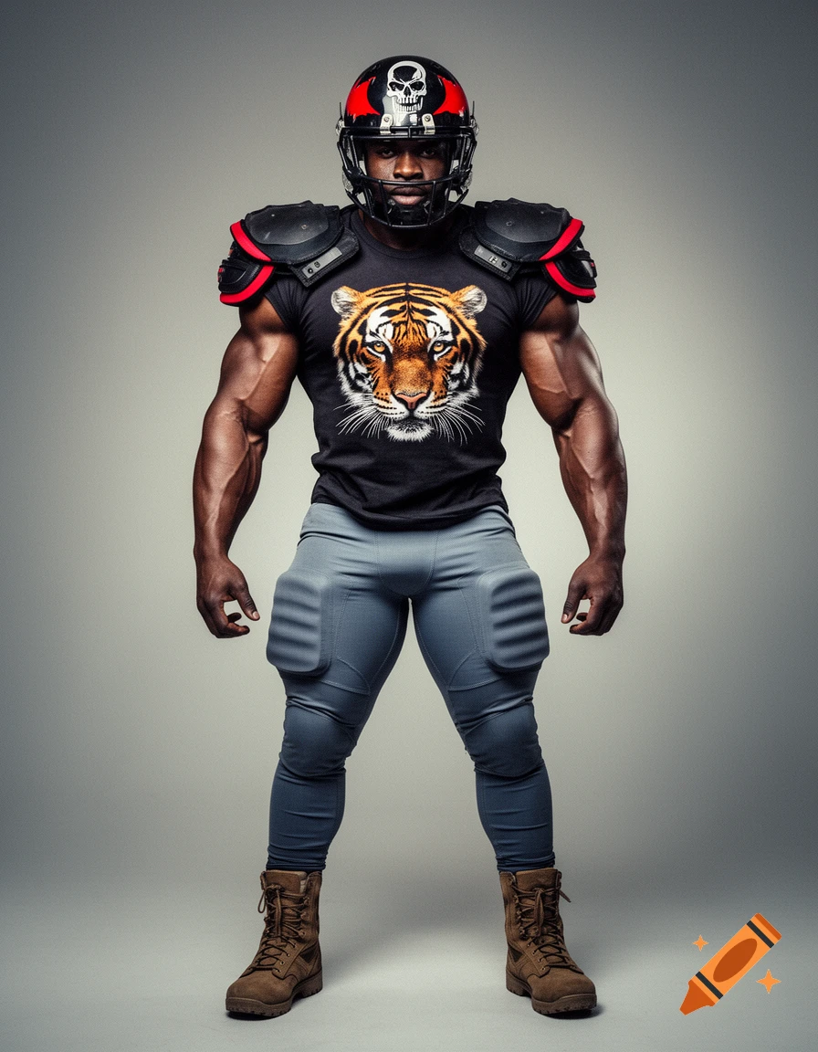 A hyper-muscular Black man in a black tiger-head t-shirt, football shoulder pads, red and black skull helmet, tight blue-grey pants, and ranger boots, standing against a grey background.