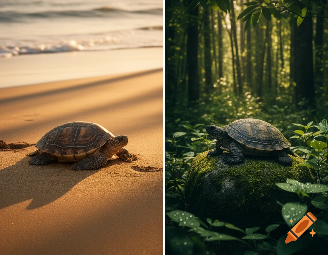 A split image showing a photorealistic turtle on a sandy beach at sunset and another turtle on a mossy rock in a lush forest.