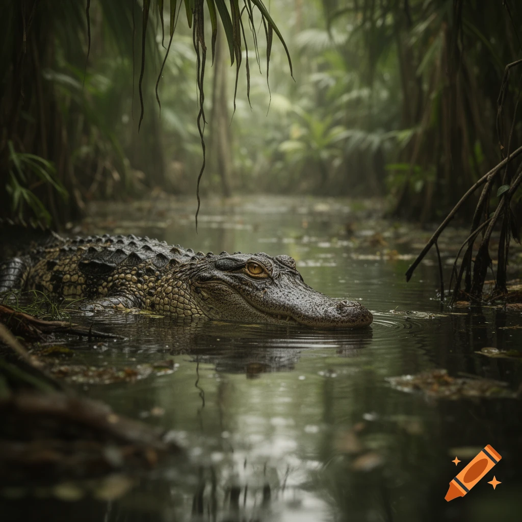 A photorealistic alligator with golden eyes peeks out of murky water in a dense, misty jungle swamp.