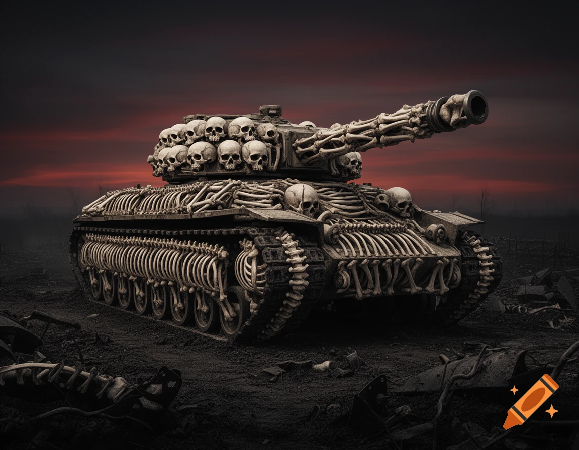 An ominous war tank made entirely of human bones and skulls on a desolate battlefield under a red sky.