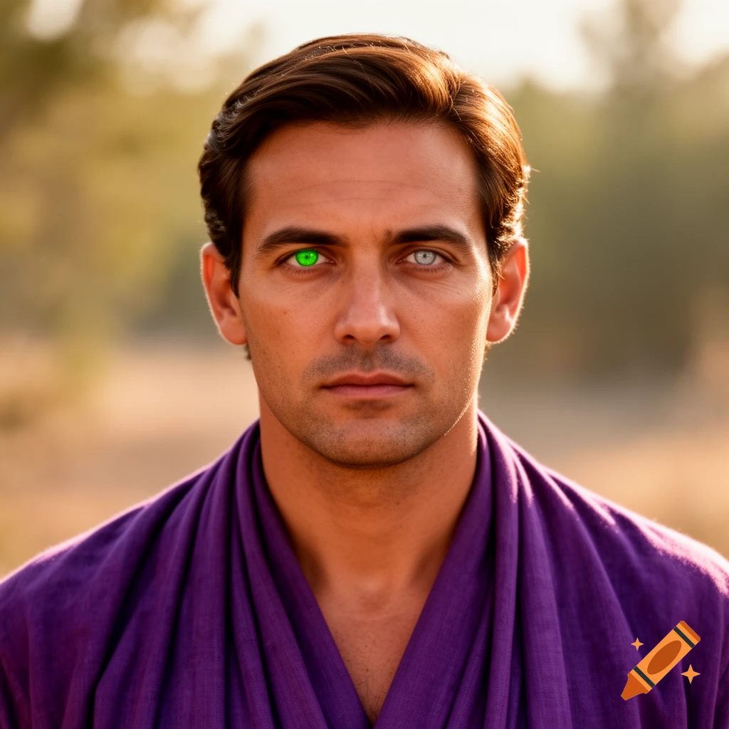 A man with dark hair and purple robes looks forward, one eye green and the other grey.