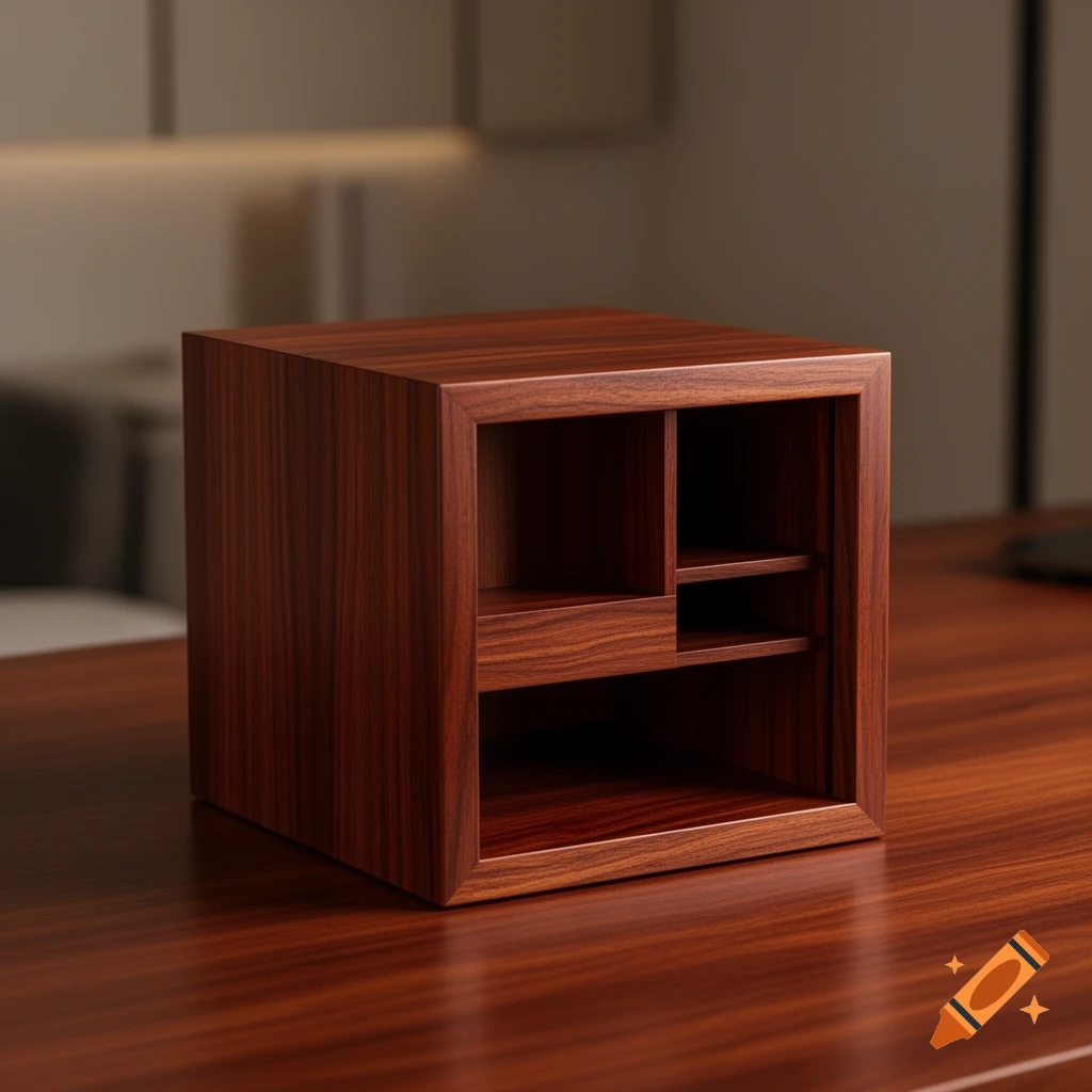 A photorealistic image of a mahogany wood cube organizer with open shelves, sitting on a polished wooden desk.