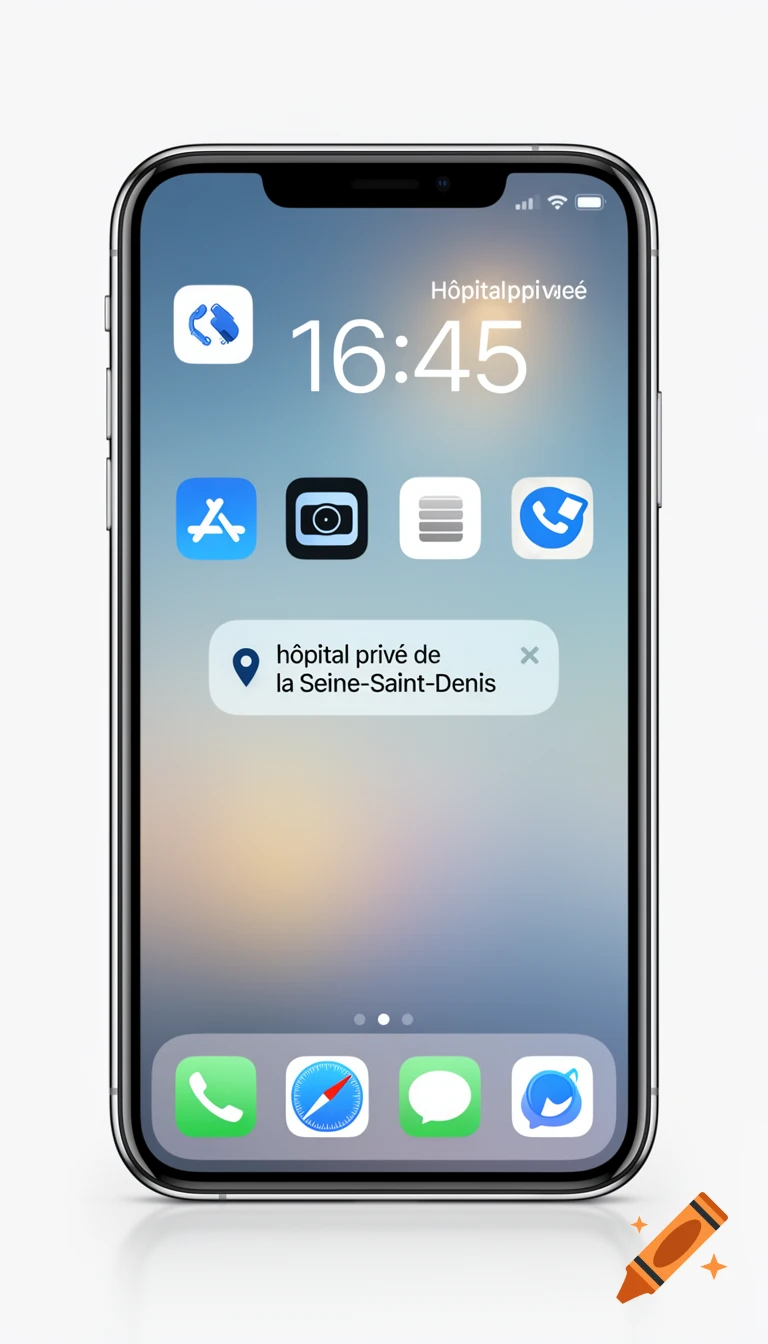 An iPhone displaying its lock screen with a notification for "hôpital privé de la Seine-Saint-Denis" and the time 16:45.