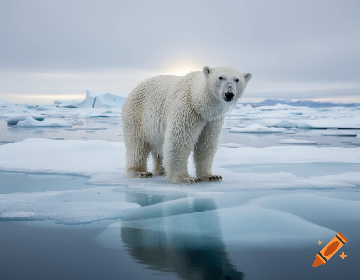 A photorealistic polar bear stands on an ice floe amidst open water and icebergs under a cloudy sky.