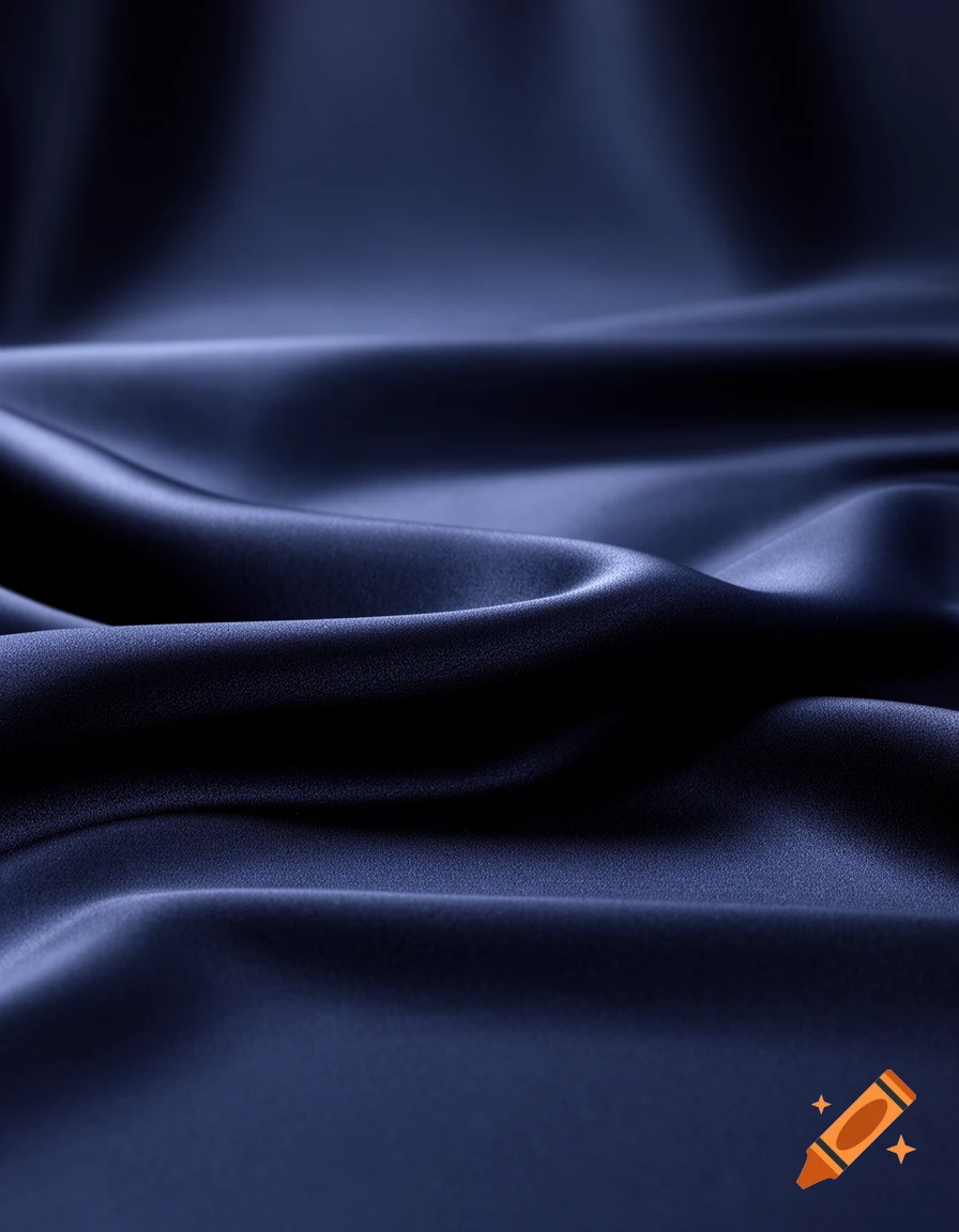 Close-up of rippling navy blue silk fabric with soft highlights and deep shadows.