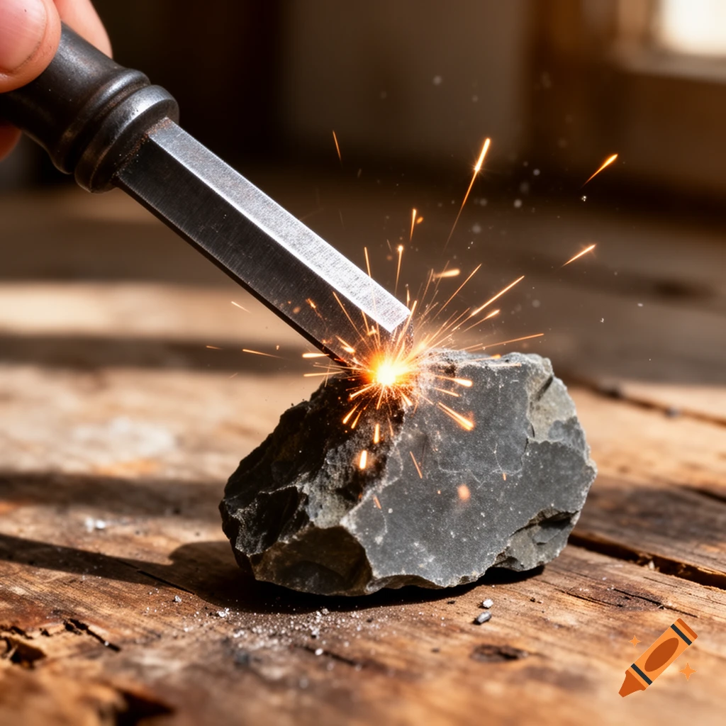 A close-up of a steel striker hitting a piece of flint, generating bright orange sparks on a rustic wooden surface.