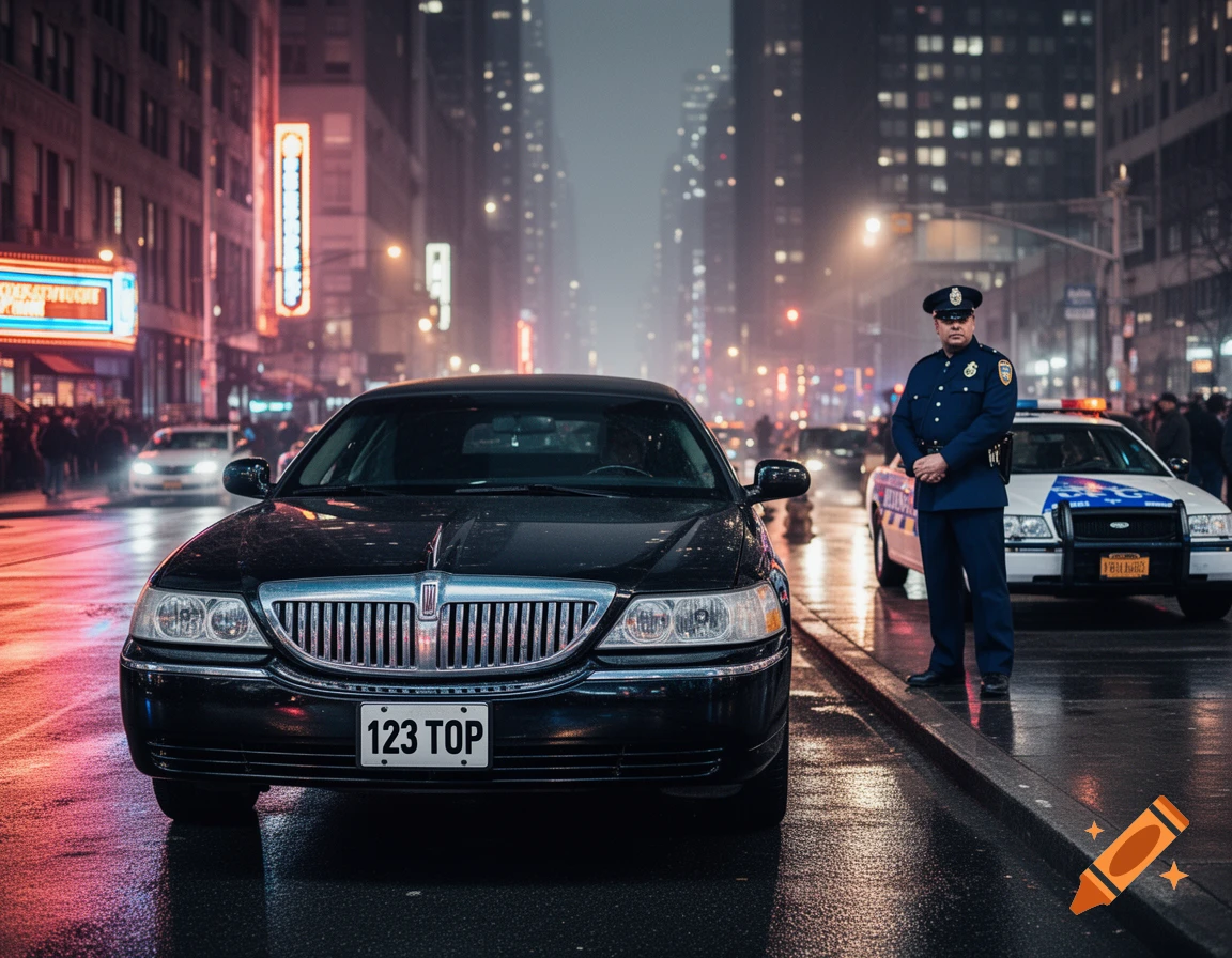 Photorealistic image of a police officer, police car, and black limousine on a wet city street at night, with neon signs.