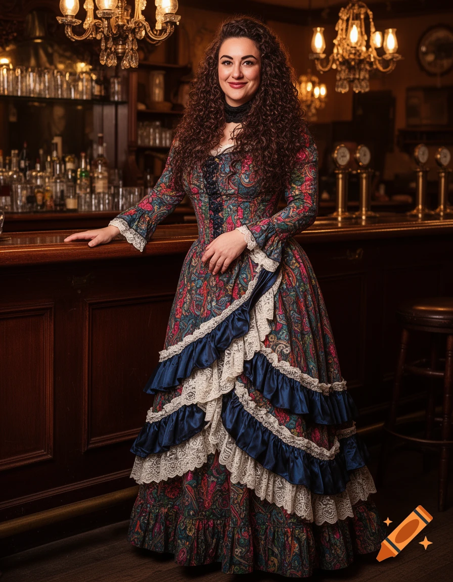 A woman in a colorful 1890s paisley and lace dress stands smiling at a wooden bar in a saloon.